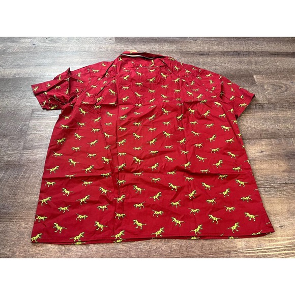 Duluth Trading Mens Slim Fit Button Up Shirt Size XL Shortsleeve Red w/ dinos O7 - Picture 2 of 7